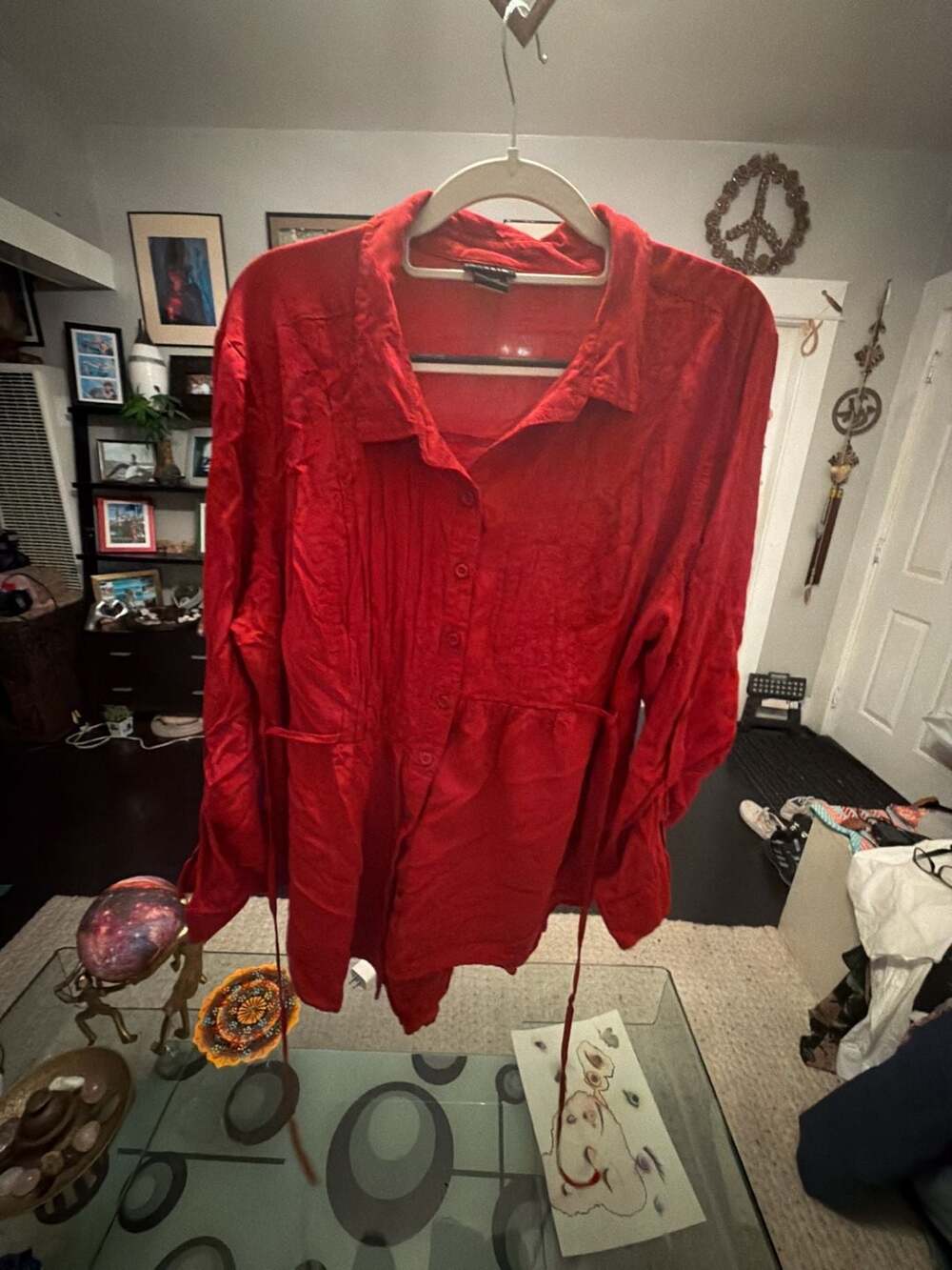 Torrid Red Button-Down Long Sleeve Shirt with Drawstring Waist